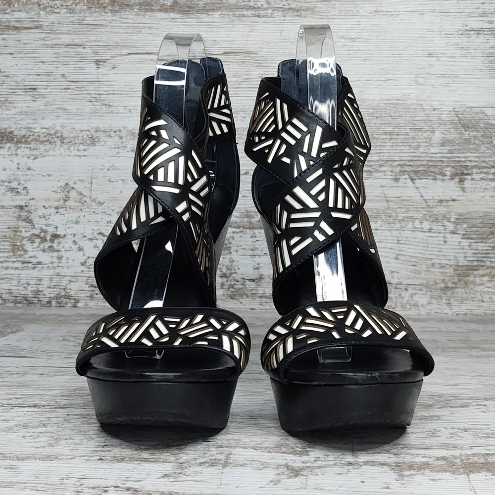 Diane Von Furstenberg Black Cutout Leather Wedge Sandals - Picture 7 of 15